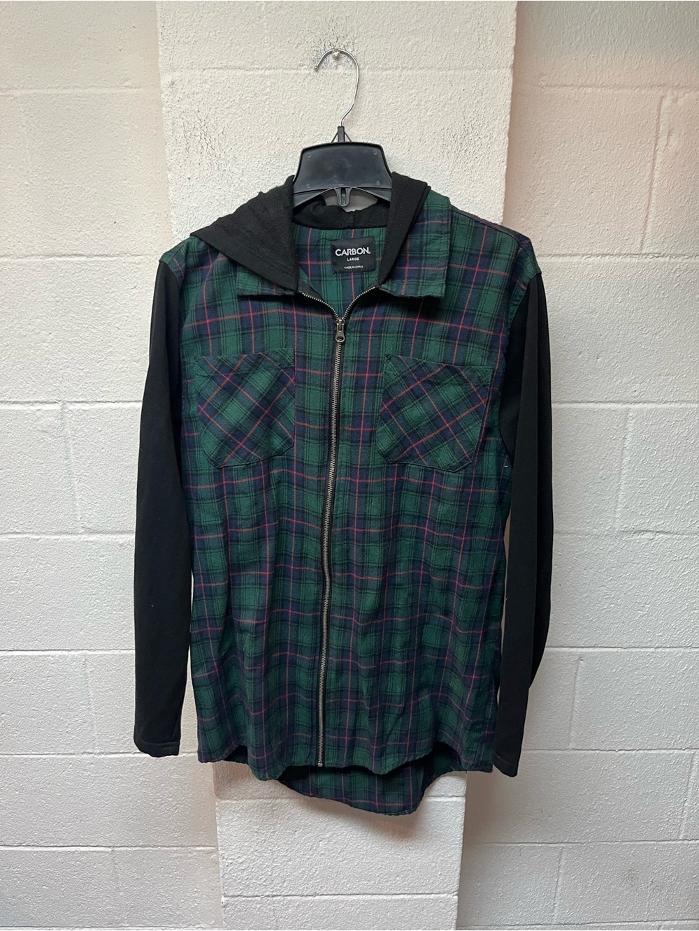 Carbon Green/Black Plaid Zip-Up Hooded Shirt